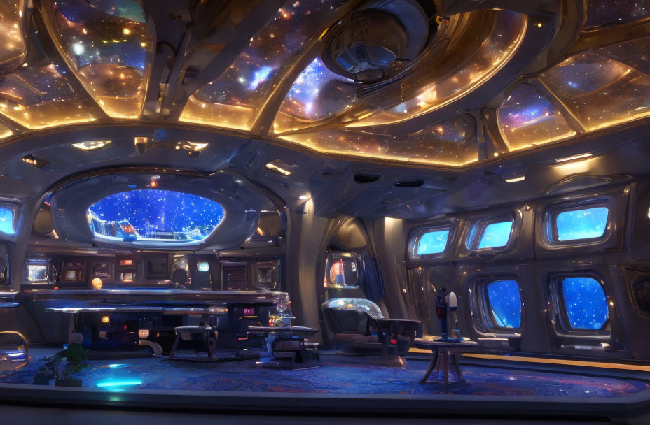 Futuristic spacecraft interior with warm ambiance and cosmic views