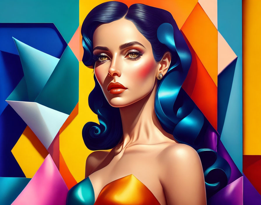 Colorful geometric background with woman featuring sleek hair and striking makeup