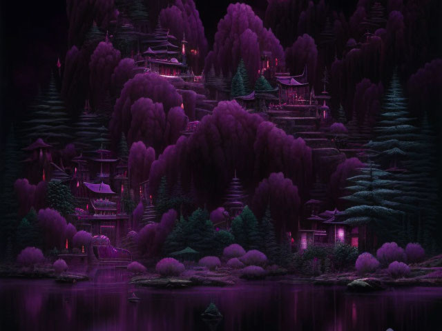 Traditional Asian architecture in serene purple night scene