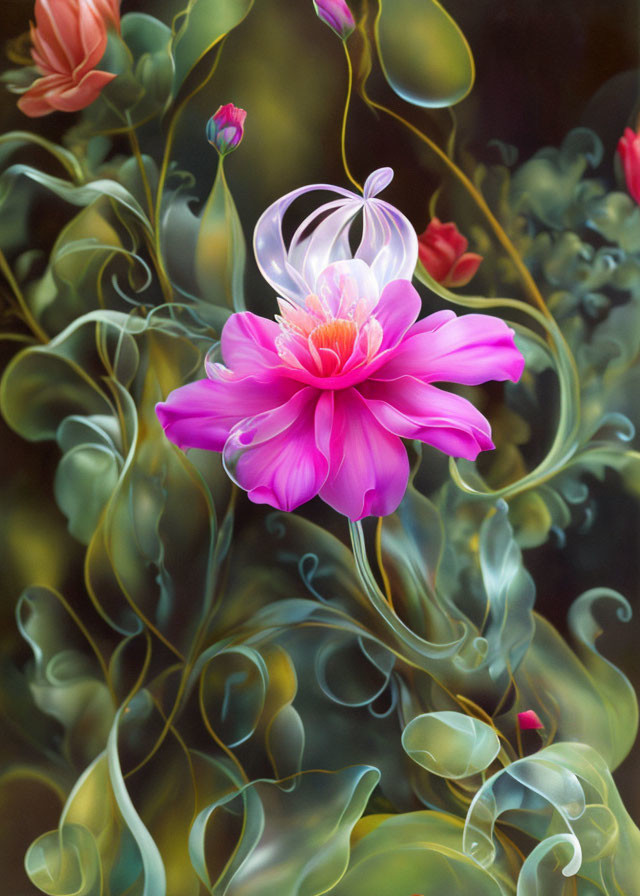 Colorful digital artwork: Pink flower with luminous core and green teal stems