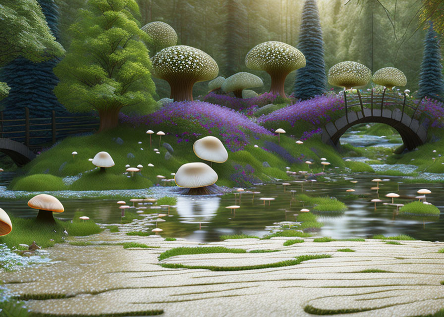 Fantasy landscape with oversized mushrooms, lush vegetation, small bridge, and tranquil pond