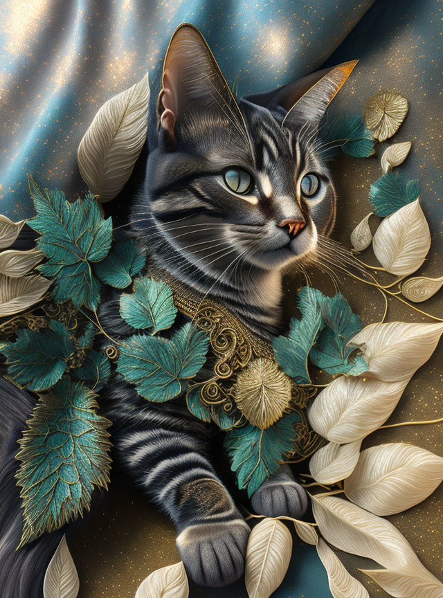 Detailed Tabby Cat Artwork with Gold and Teal Leaves on Starry Background