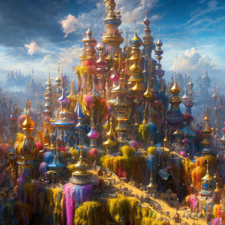 Colorful, ornate towers in a fantastical cityscape under a bright sky