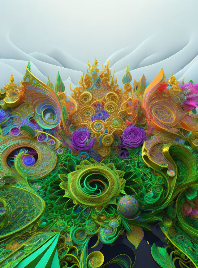Colorful fractal art with gold, purple, and green swirls on gray background