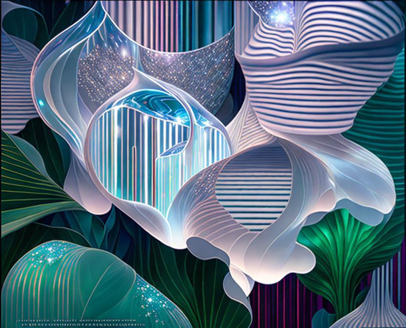 Glowing layered floral shapes on striped background in cool blues and greens