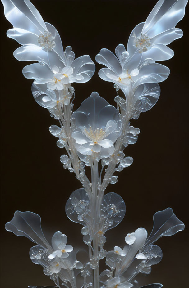 Symmetrical glass sculpture of delicate translucent flowers