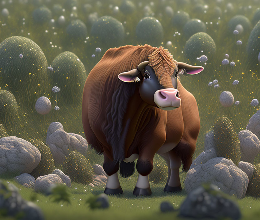 Fluffy brown cow cartoon in field with rocks and dandelions