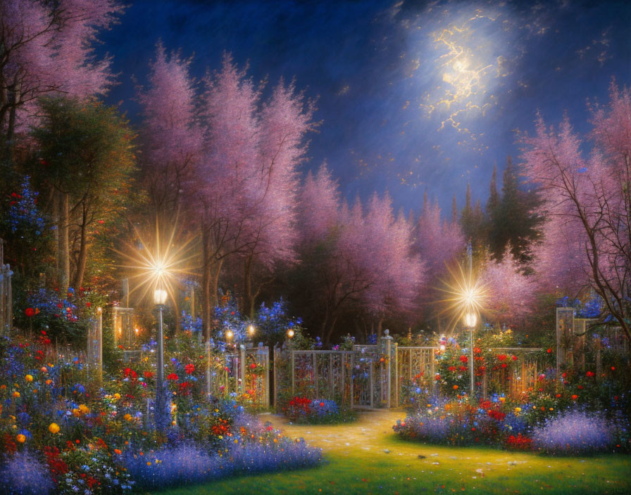 Twilight garden scene with blooming flowers, cherry blossom trees, lampposts, and lumin