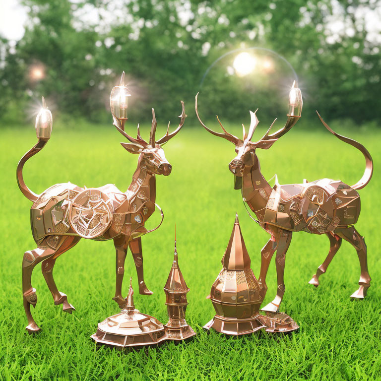 Steampunk-style metallic deer with intricate designs on grassy field.