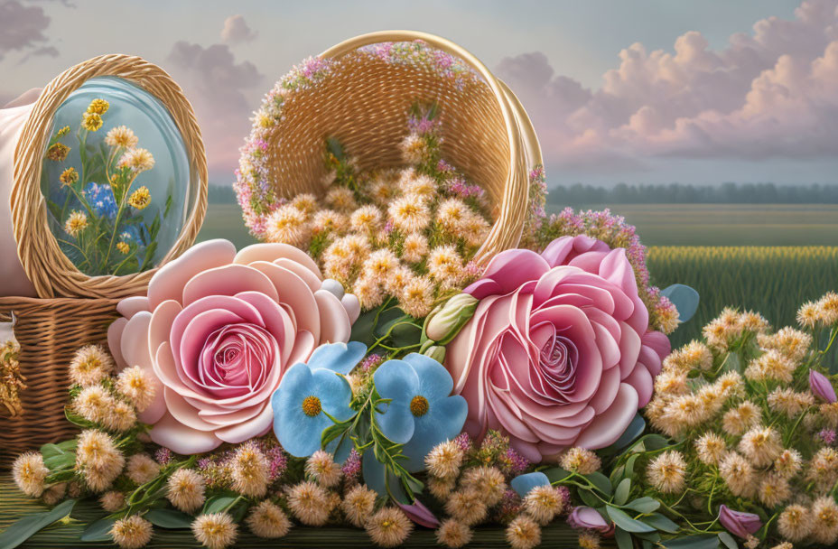 Floral still life with pink roses, daisies, and blue flowers in woven baskets
