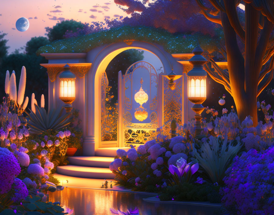 Twilight magical garden with ornate gate, purple flowers, lanterns, pond, starry sky