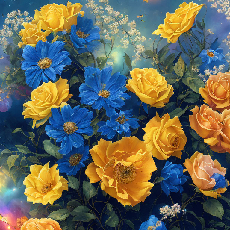 Colorful floral arrangement with blue, yellow, and white flowers on celestial background