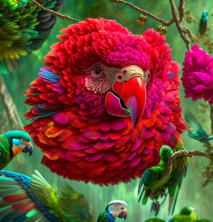 Colorful Parrot Digital Artwork in Vibrant Forest Scene