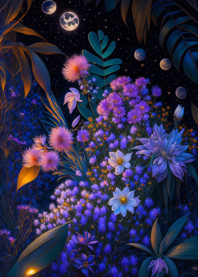Colorful Flowers in Night Garden with Full Moon
