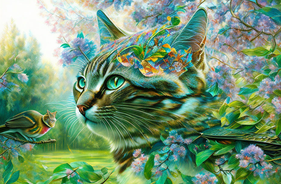 Vibrant cat with green eyes in lush greenery and purple flowers.