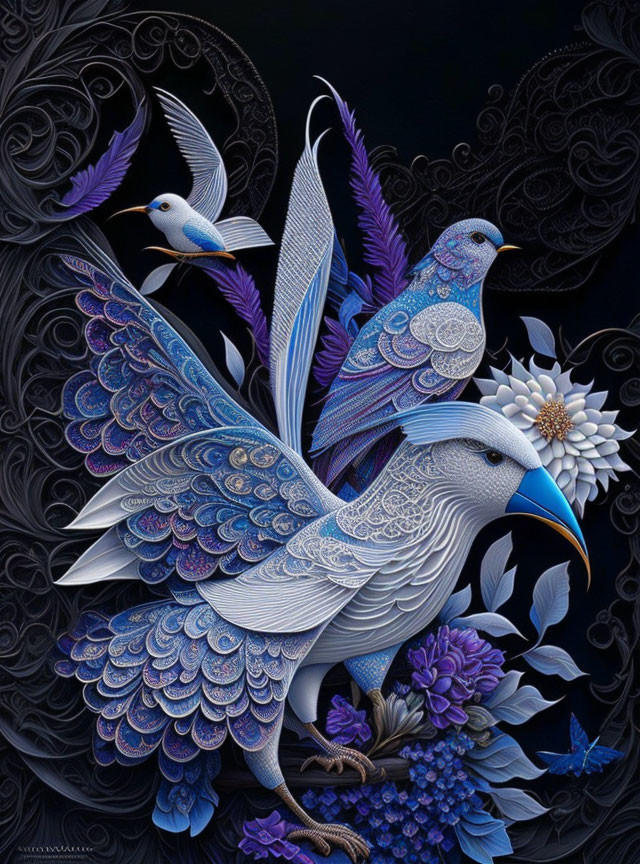 Detailed Stylized Blue Birds and Floral Motifs on Dark Background