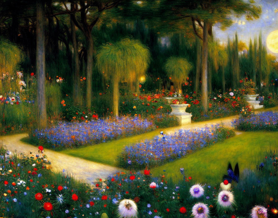 Colorful impressionist painting of moonlit garden
