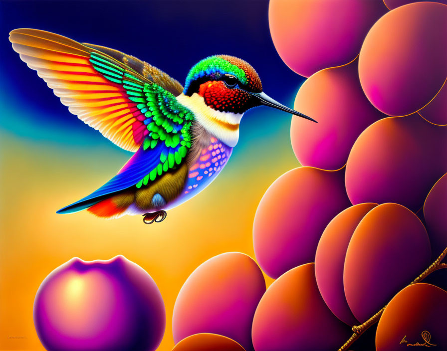 Colorful Hummingbird Illustration with Multicolored Feathers and Grape-Like Orbs