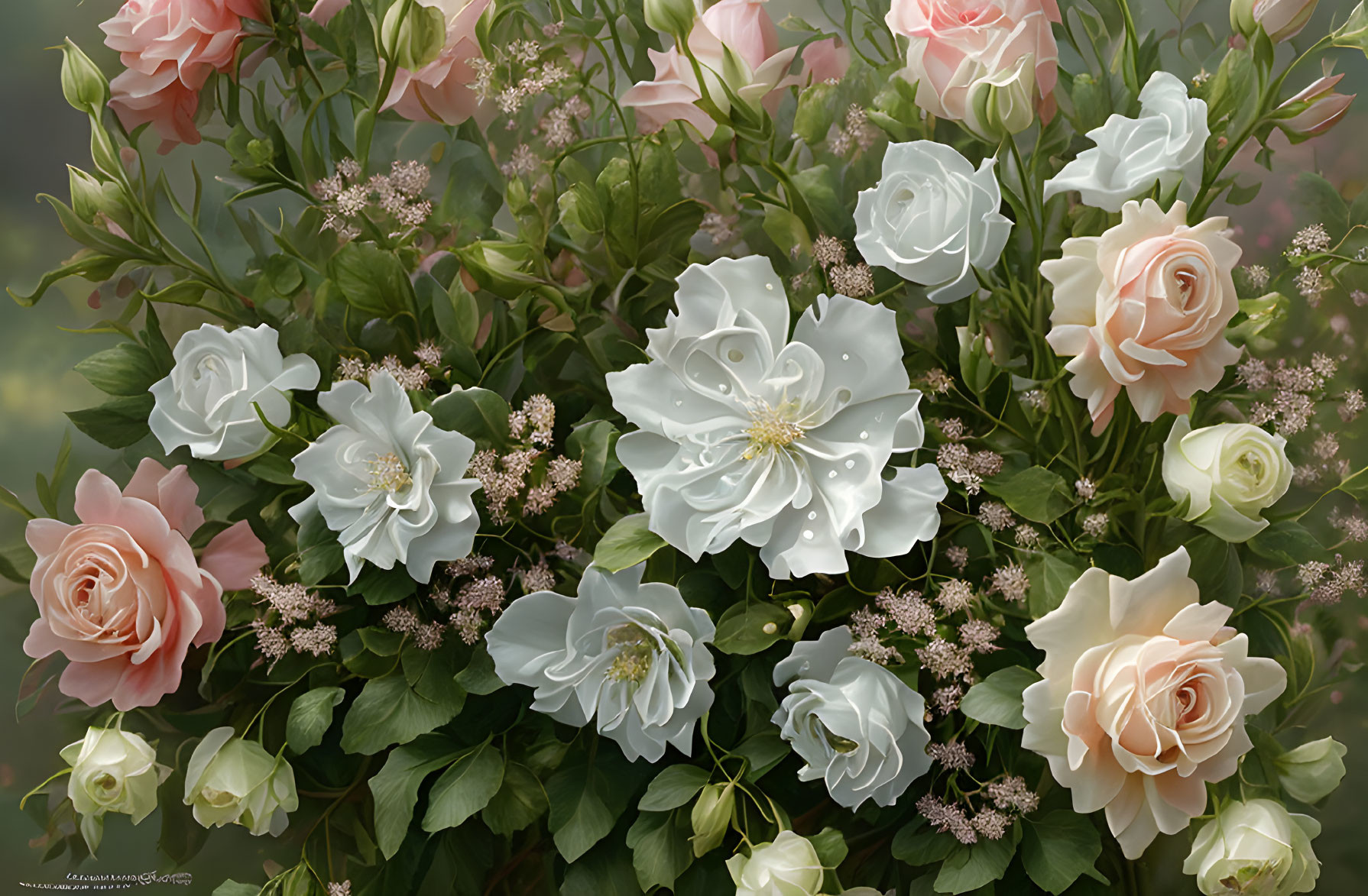 Soft Pink and White Roses with Green Foliage and Pink Blossoms on Hazy Background