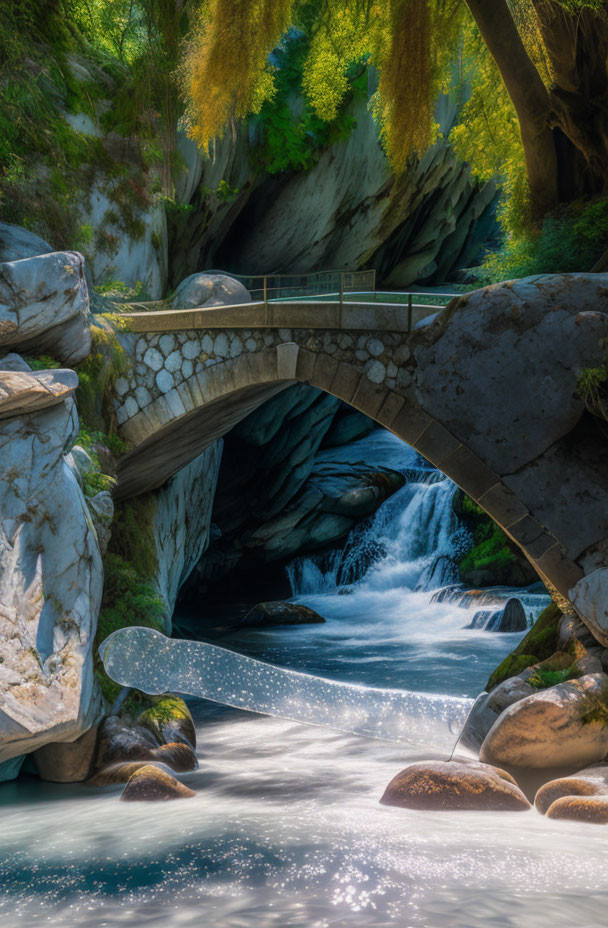 Tranquil waterfall under stone bridge with sunlight and lush greenery