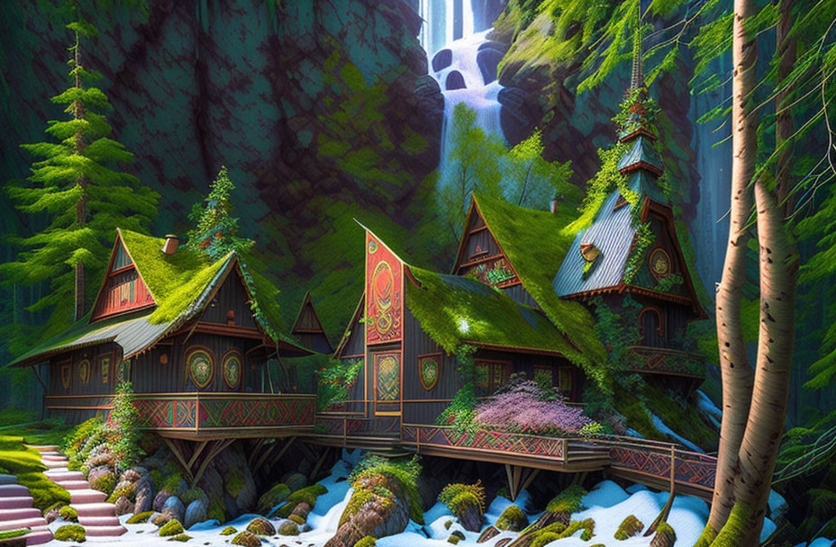 Enchanting forest scene with waterfall, wooden houses, greenery, flora, and snow