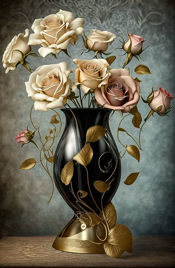 Digital Art: Black Vase with Gold Accents & Roses on Textured Background