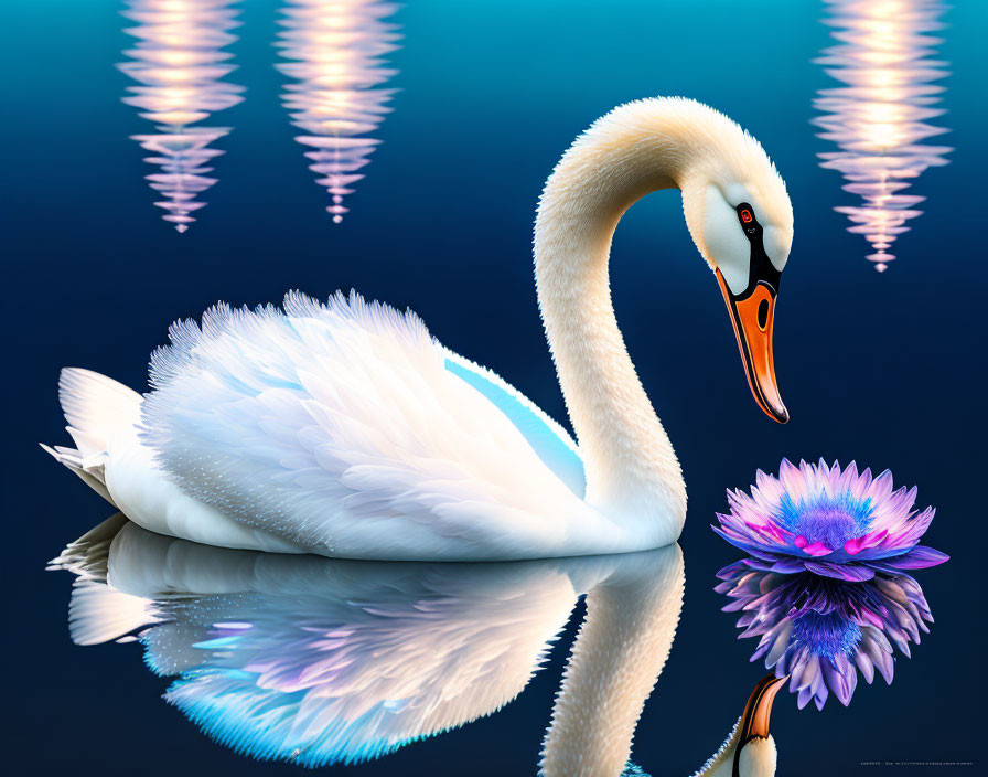 Swan and purple flower on tranquil water with reflections