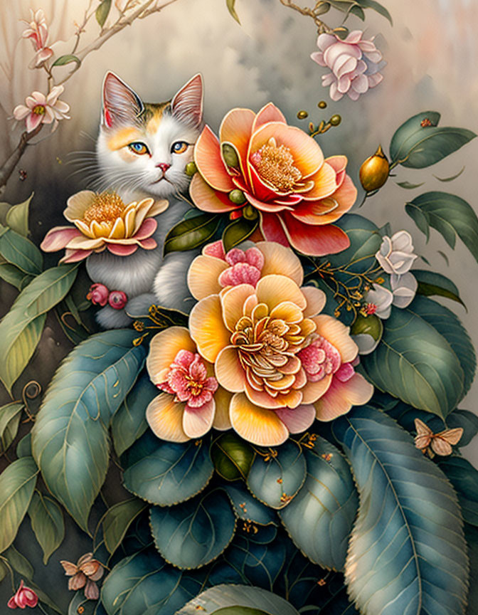 Vibrant Cat Illustration with Blue Eyes and Floral Background