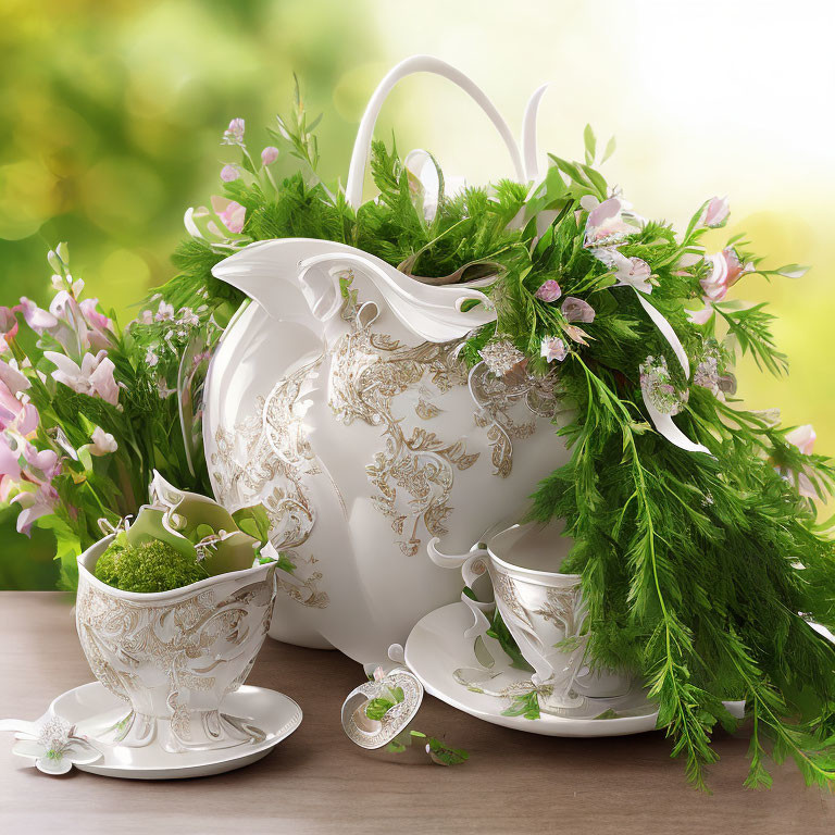 White Teapot with Gold Details, Green Foliage, Pink Flowers, Teacups, and