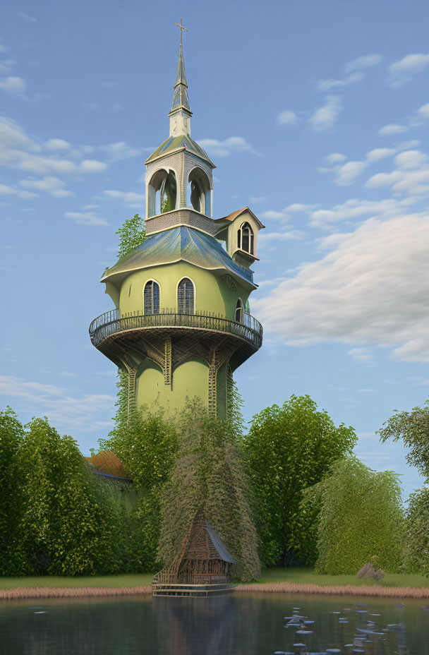 Converted Water Tower Building with Spire Amid Greenery & Pond