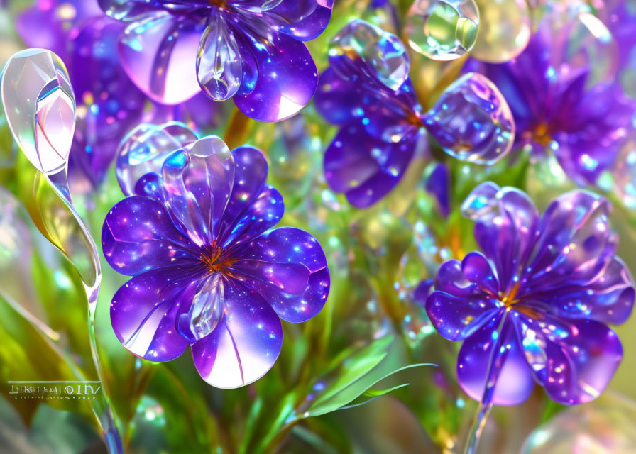 Vibrant blue and purple flowers with glittering water droplets in digital art
