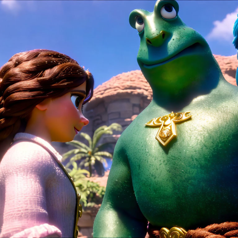 3D-animated young woman with brown hair and giant frog in sunny scene
