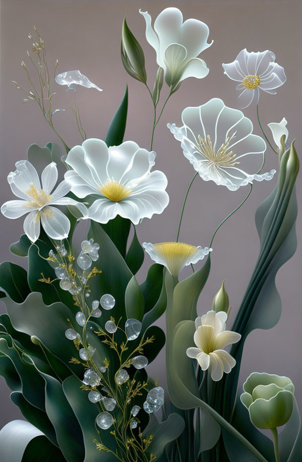 White Flowers and Dewdrops on Grey Background: Elegant Floral Painting