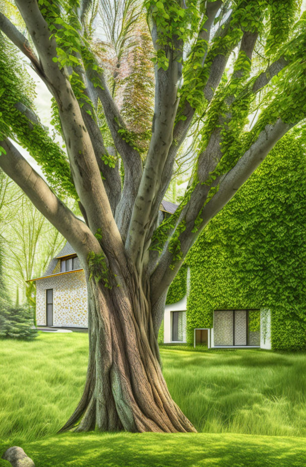 Serene garden scene with large tree and ivy-covered house