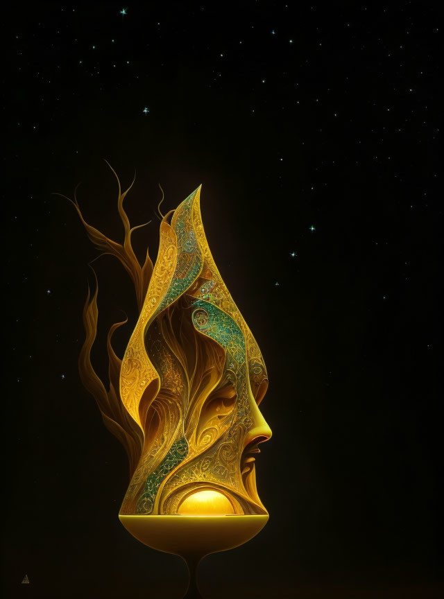 Flame with human face pattern on starry night background