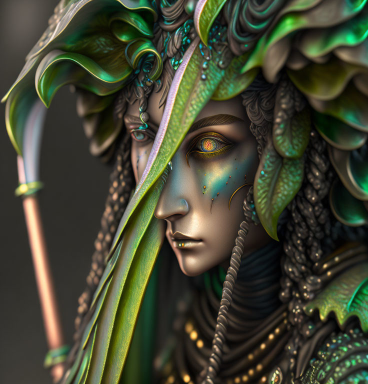Fantastical character in green and bronze armor with colorful skin and golden eyes