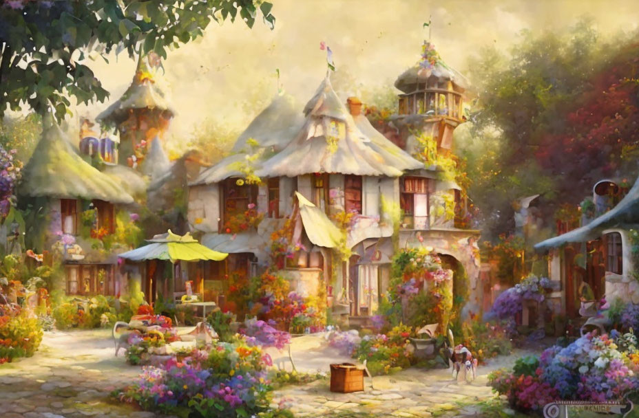 Enchanting fairy-tale cottage with gardens, flowers, sunlight, and dog