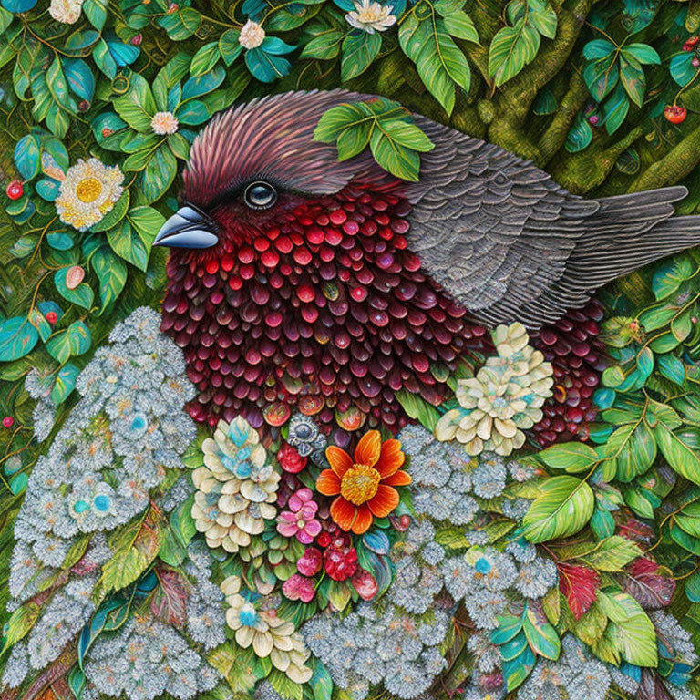 Detailed colorful bird amidst lush green leaves and flowers illustration.