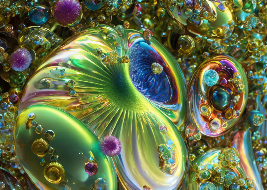 Vivid Abstract Art: Iridescent Bubbles & Orbs in Blue, Green, Gold