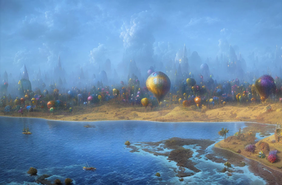 Fantasy landscape with colorful hot air balloons above serene blue lake
