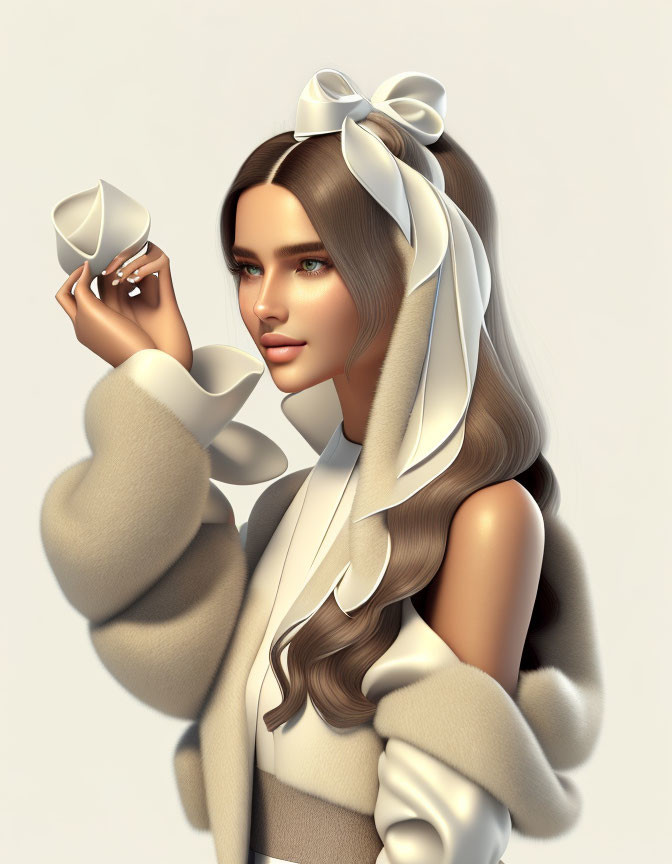 Woman in fluffy coat with ribbon in hair holding teacup in 3D render