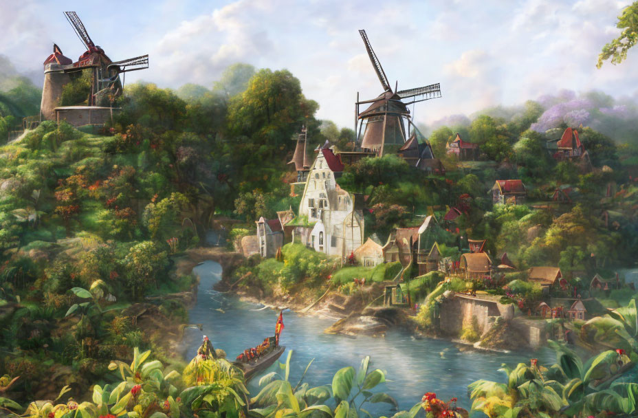 Tranquil countryside scene: windmills, river, bridge, flowers, houses in lush green