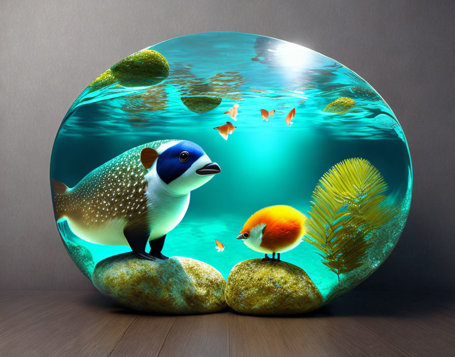 Oversized fish and fluffy orange creature in surreal round aquarium