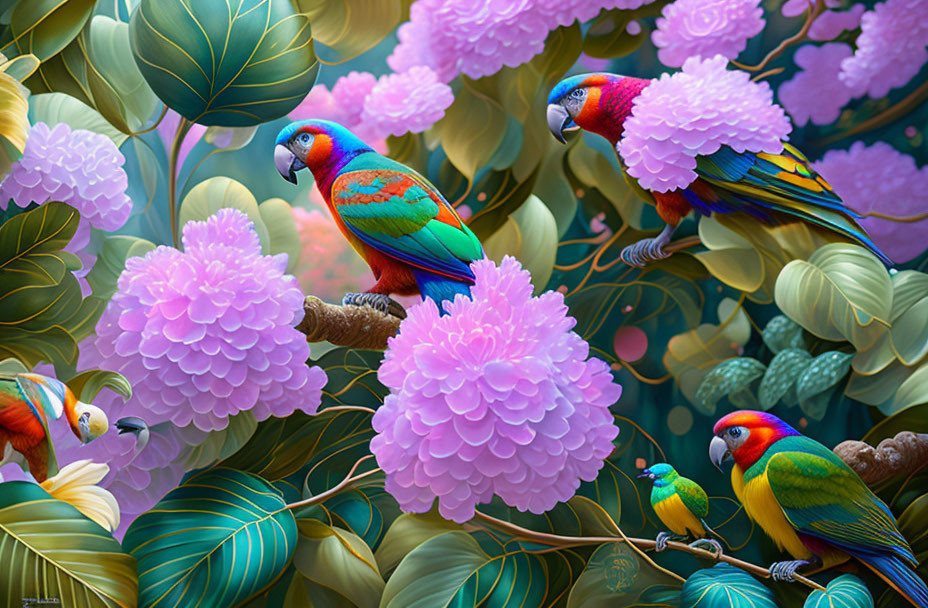 Colorful Parrots in Exotic Floral Illustration