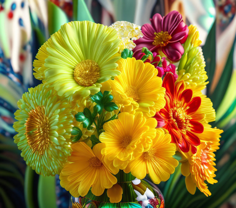 Colorful Yellow and Red Flower Bouquet on Blurred Background