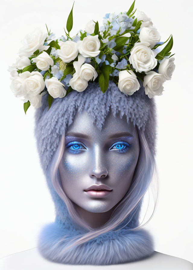 Surreal portrait of person with blue eyes and speckled skin wearing furry gray hat