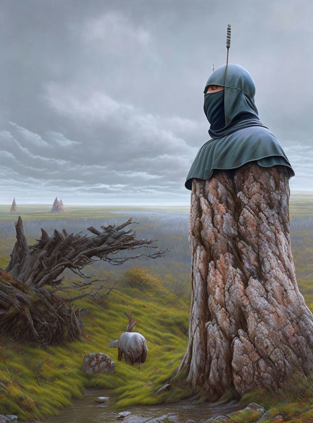 Green-armored knight on tree stump in grassy landscape with dead tree and rocks