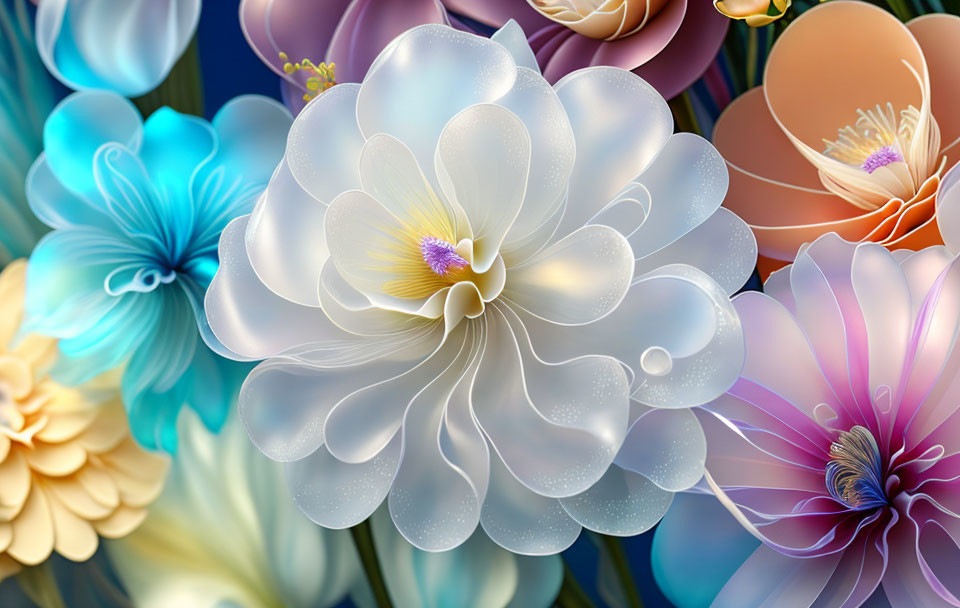 Colorful Digital Art: Stylized Flowers in Blue, Peach, Purple