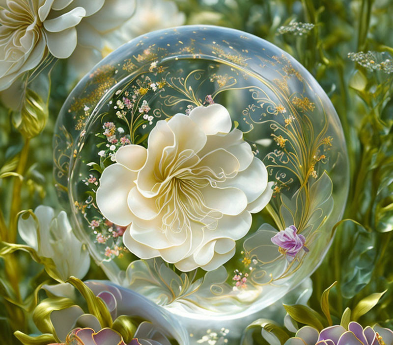Translucent bubble with golden patterns and white flower on floral background