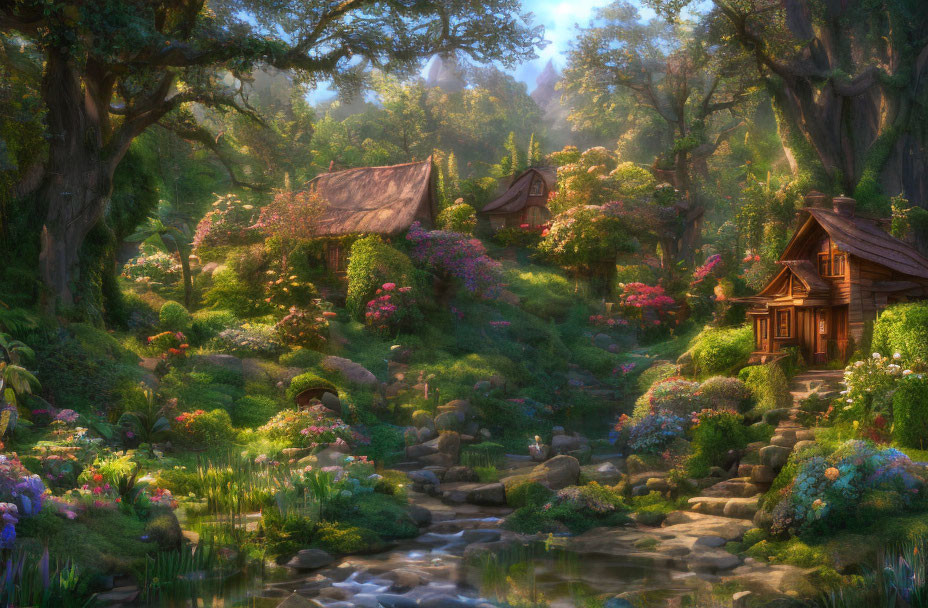 Tranquil Forest Glade with Cottages, Stream, and Sunlight